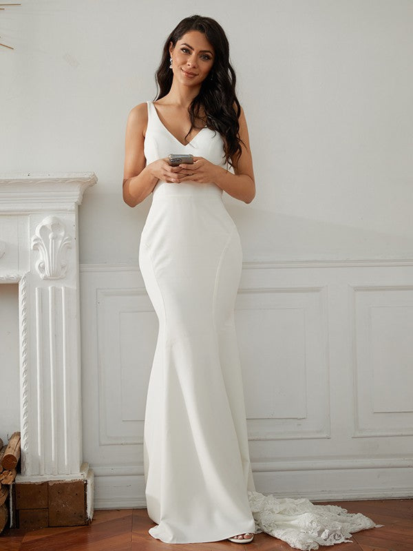 Wholesale Sheath/Column Stretch Crepe Lace V-neck Sleeveless Sweep/Brush Train Wedding Dresses